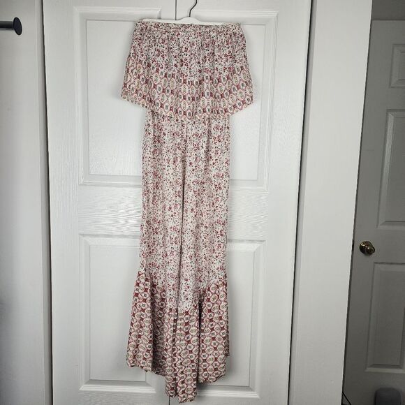 Japna Strapless Wide Leg Jumpsuit Ruffles Cream Red Floral Flare Smocked Size S - Picture 13 of 13